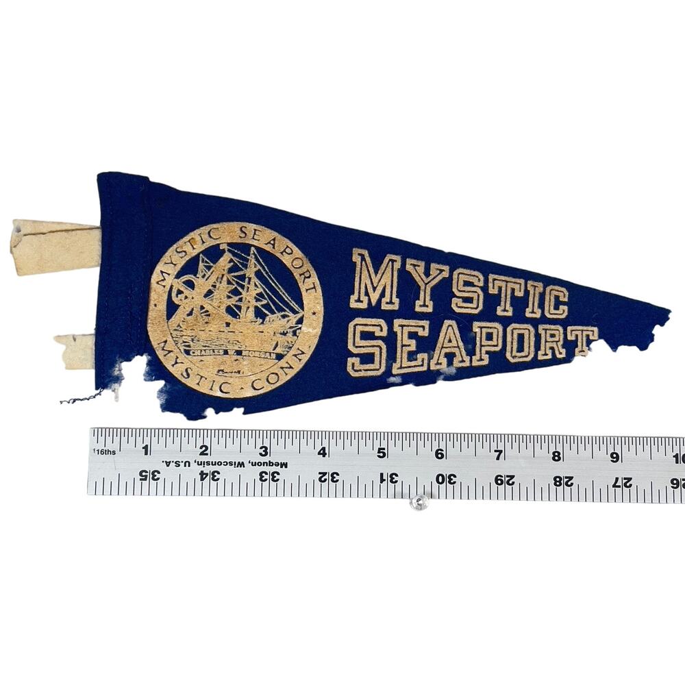 Mystic Seaport CT VINTAGE '70s Felt Pennant New England Tall Ships Colonial POOR